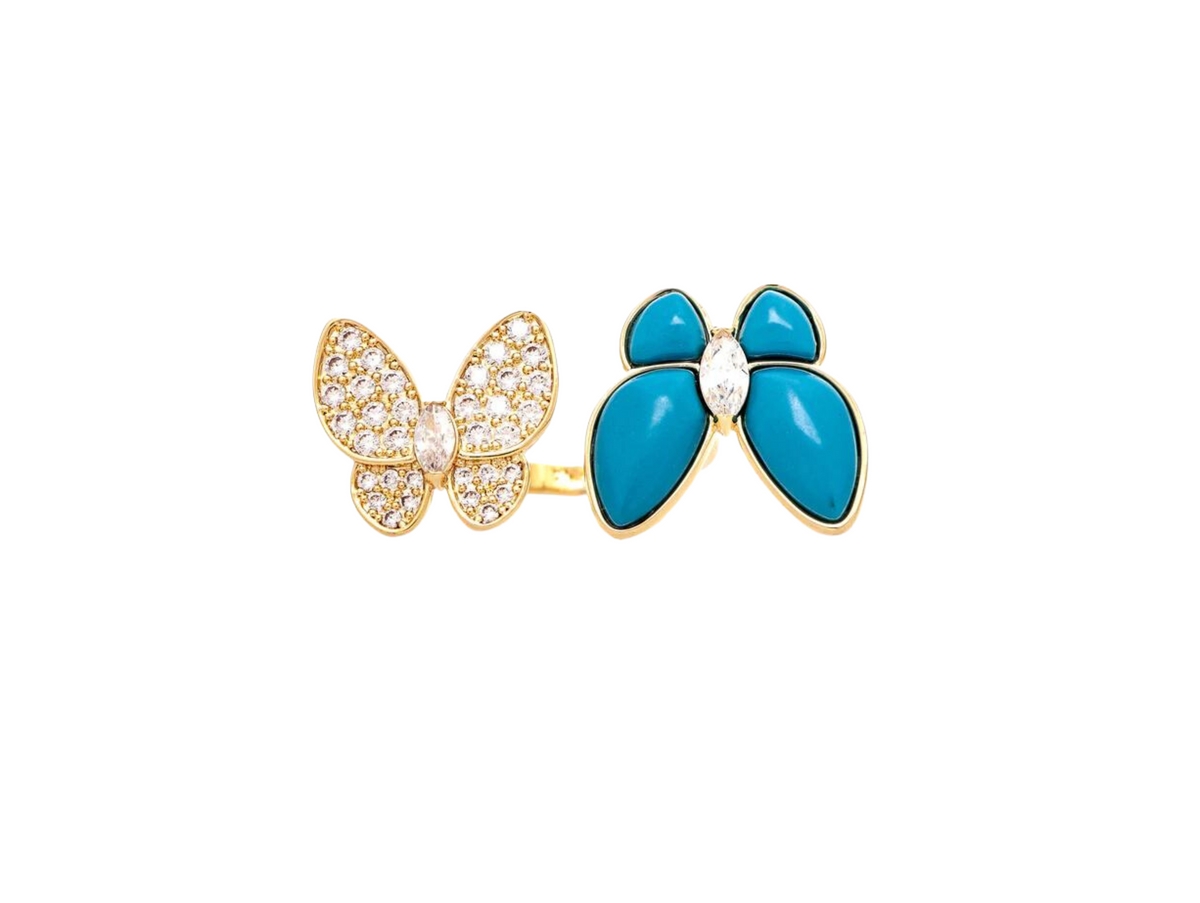 Turquoise + Cubic Zirconia Encrusted Butterfly Ring - Gold