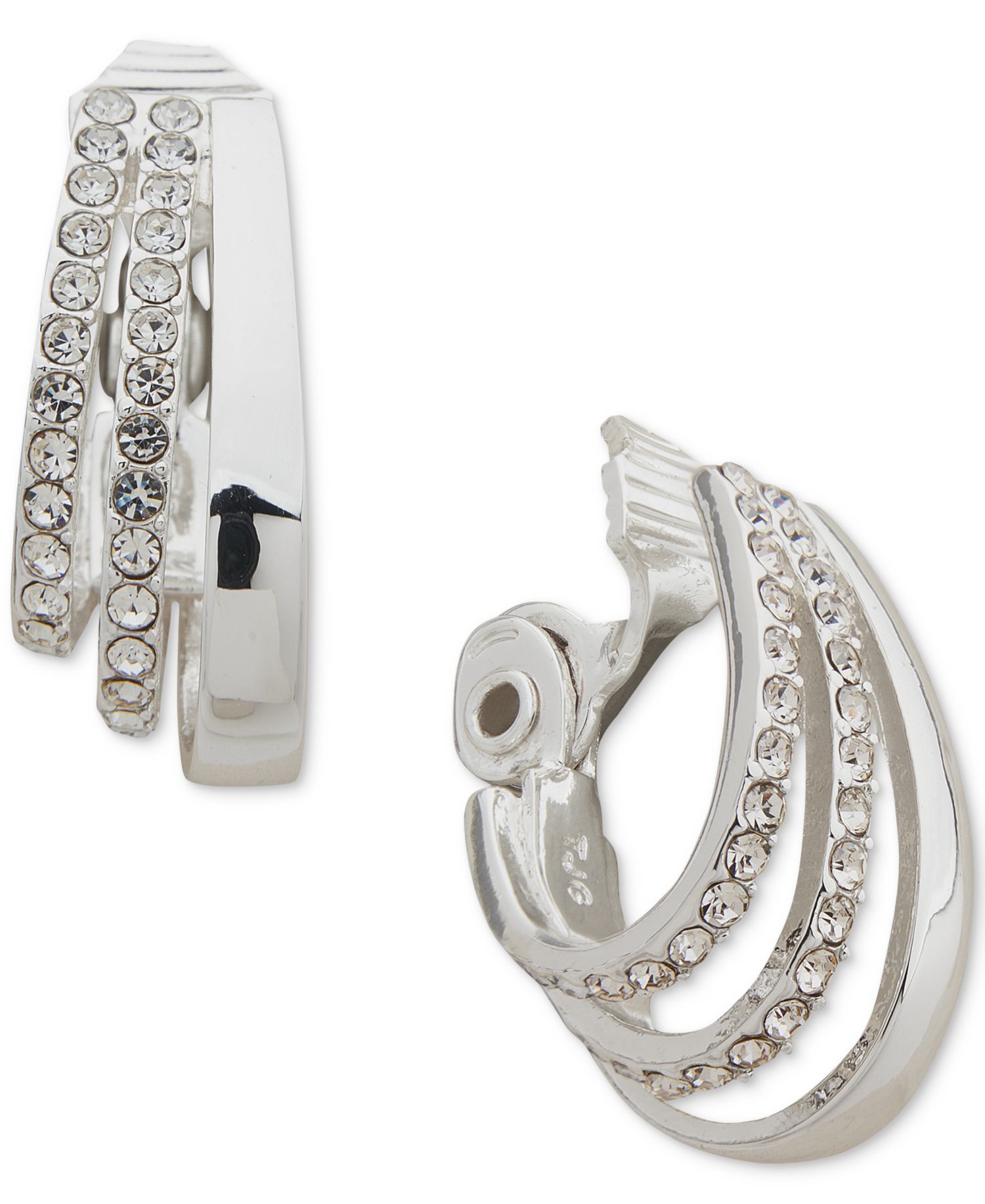 Silver-Tone Small Pav&eacute; Triple-Row Clip-On Hoop Earrings