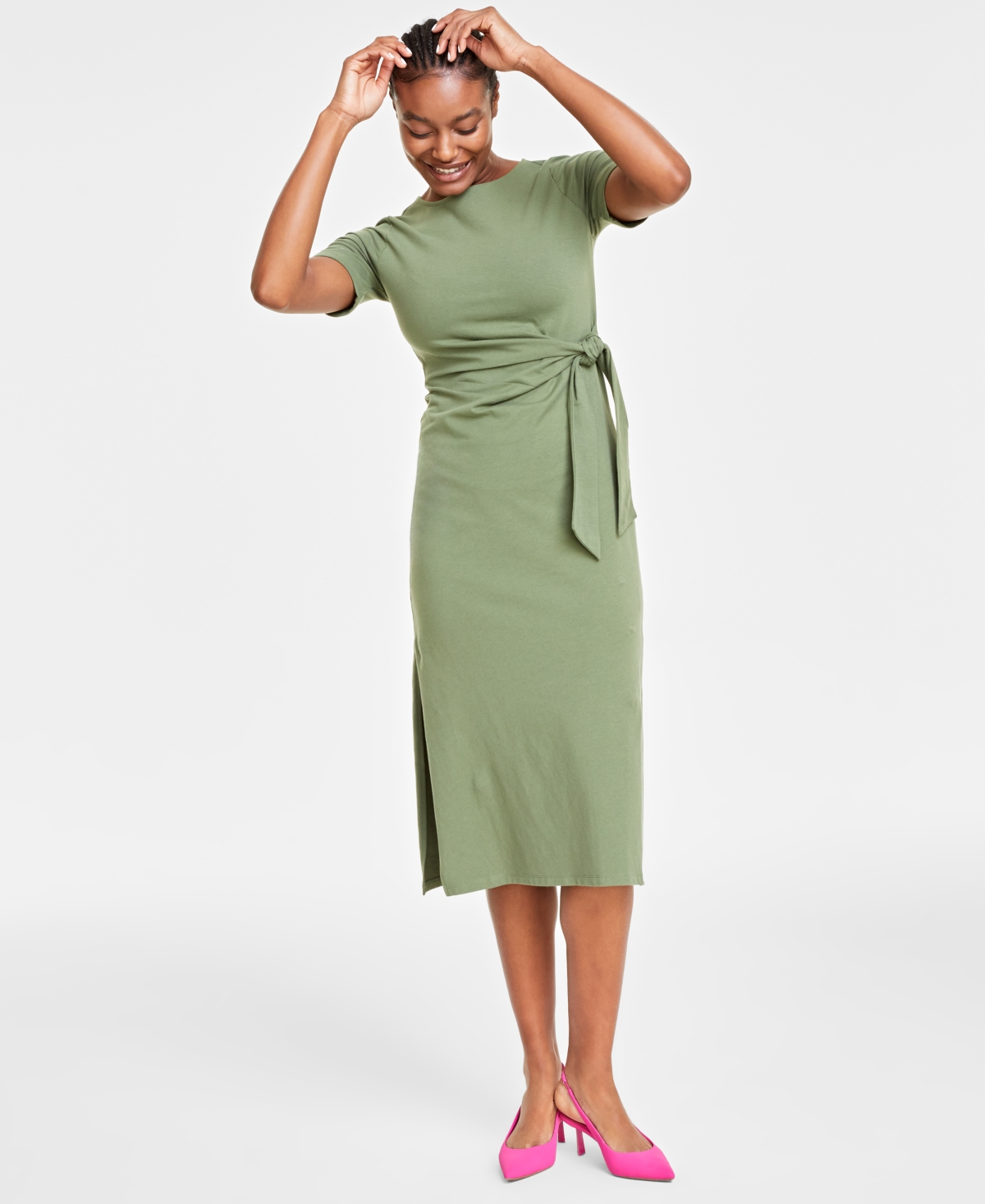 Women's Crewneck Wrap Tie Dress, Created for Macy's - Atomic Orange
