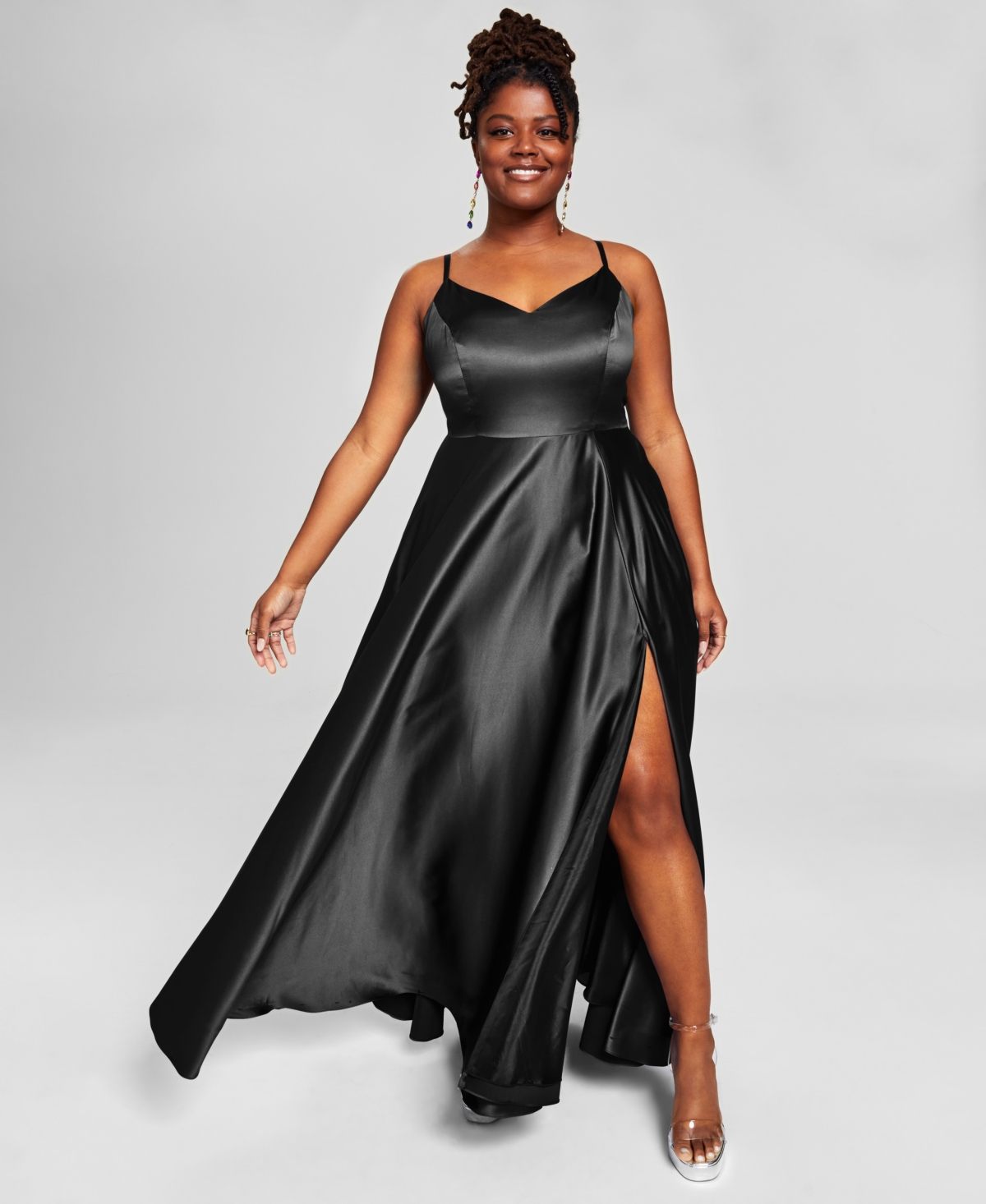 B Darlin Trendy Plus Size Satin Sleeveless Gown In Black