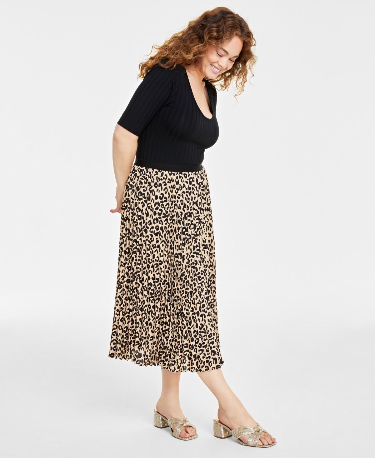 On 34th Women's Pleated A-line Midi Skirt, Created For Macy's In Safari Combo
