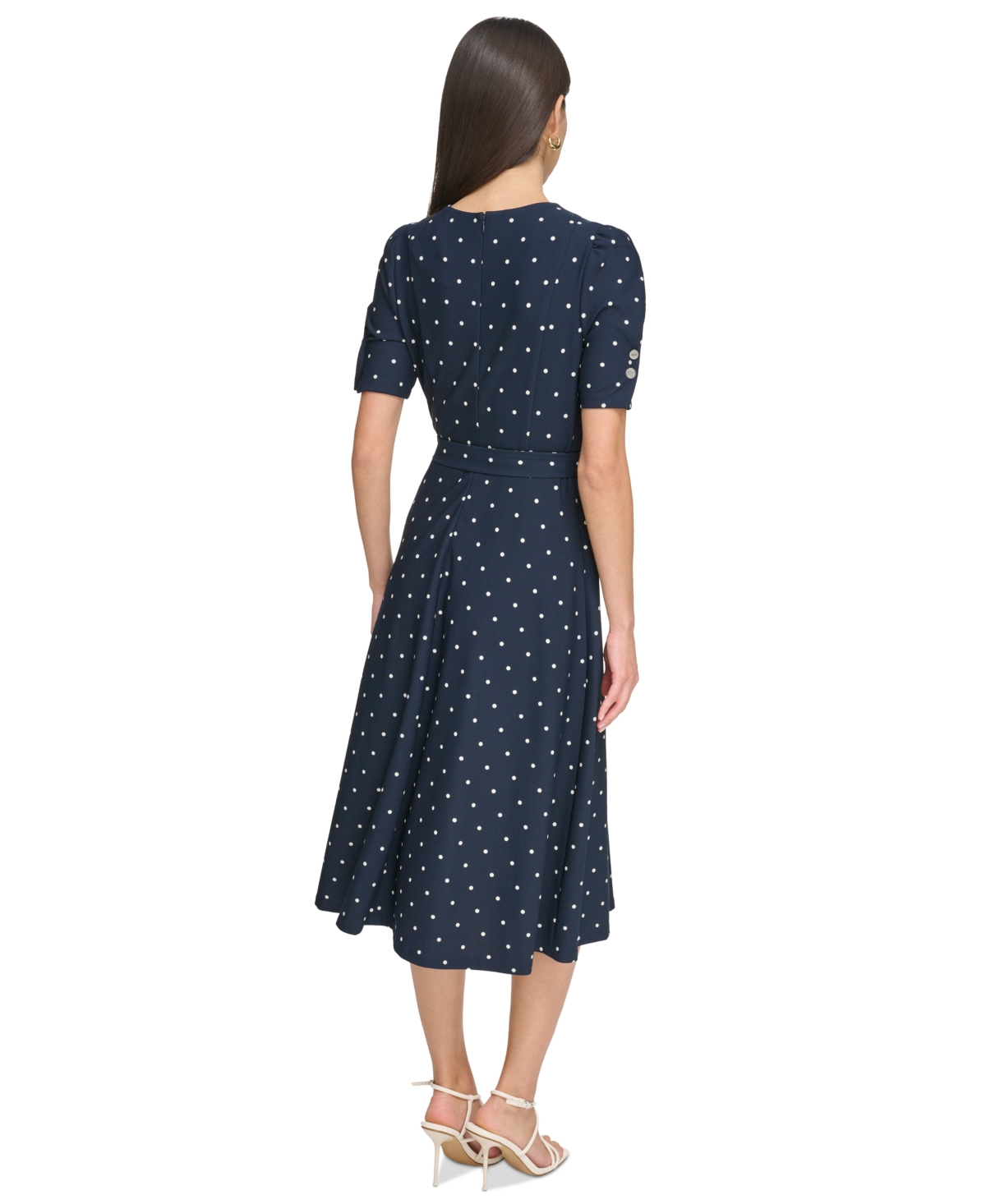 Shop Dkny Women's Polka-dot Puff-sleeve Midi Dress In Midnight,ivory