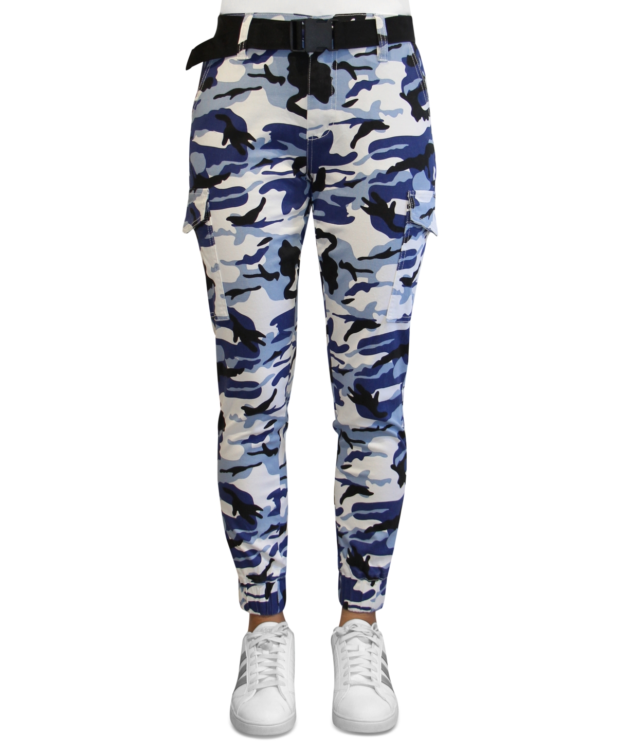 Crave Fame Juniors' High-Rise Belted Cargo Pants - Blue Camo