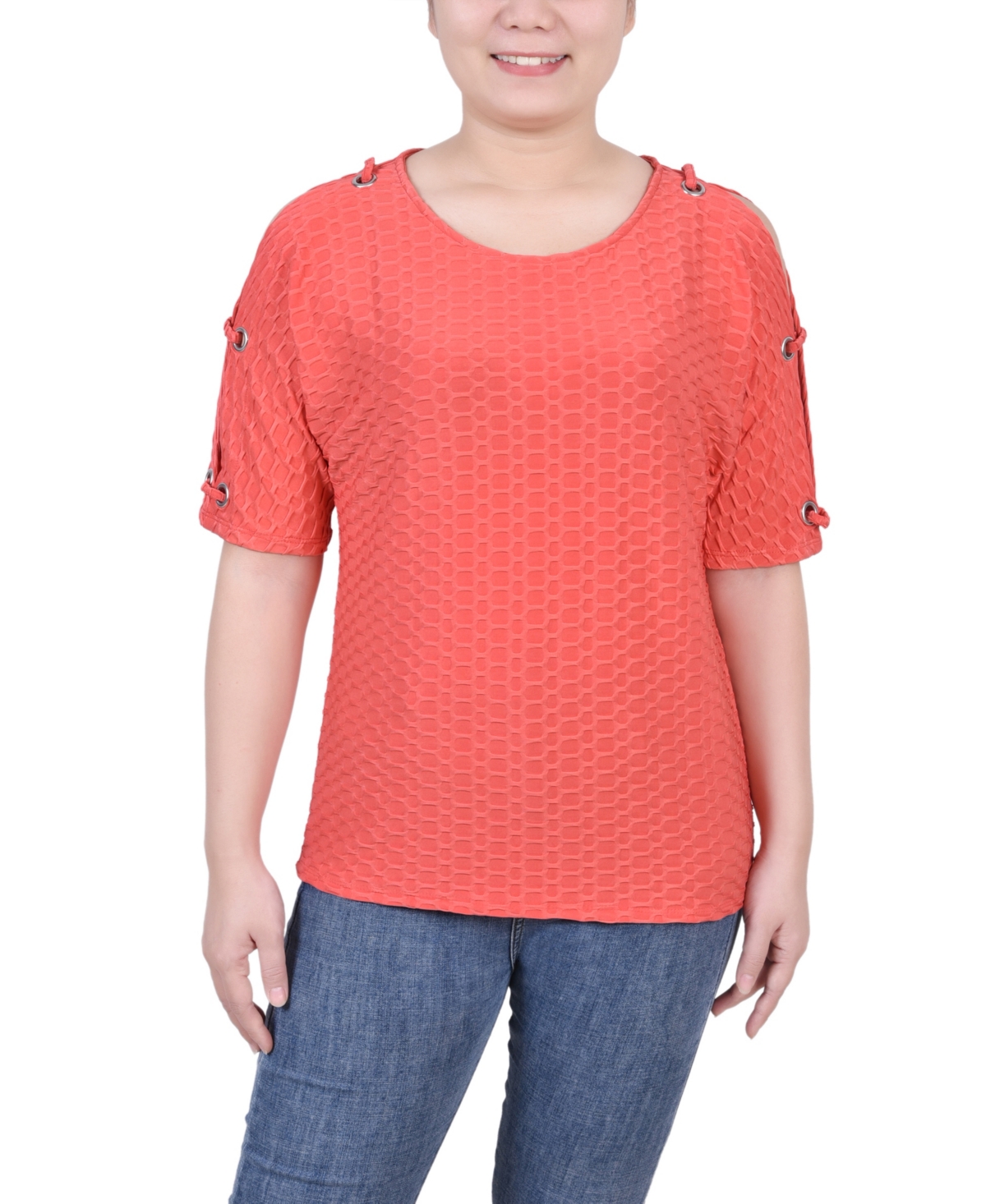 Ny Collection Plus Size Short Puff Sleeve Honeycomb Top In Coral