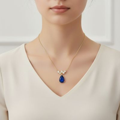 Sterling Silver with Blue Blue & Cubic Zirconia Bubble Chevron Raindrop Necklace