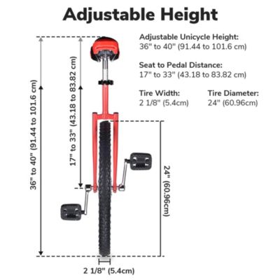 24 In Wheel Outdoor Unicycle Adjustable Seat Anti-Skid Pedal Circus Bike for Adults Teenagers Kids, Red