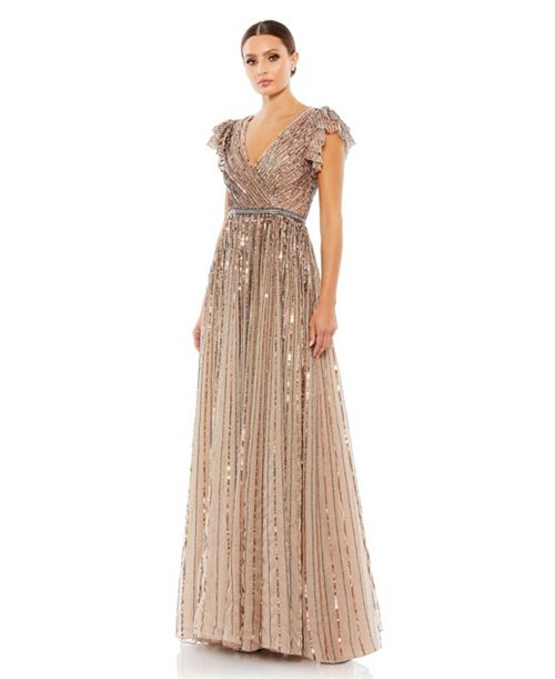 alfani Mac Duggal Women's Sequined Wrap Over Ruffled Cap Sleeve Gown Women's Fashion Shoes & Accessories