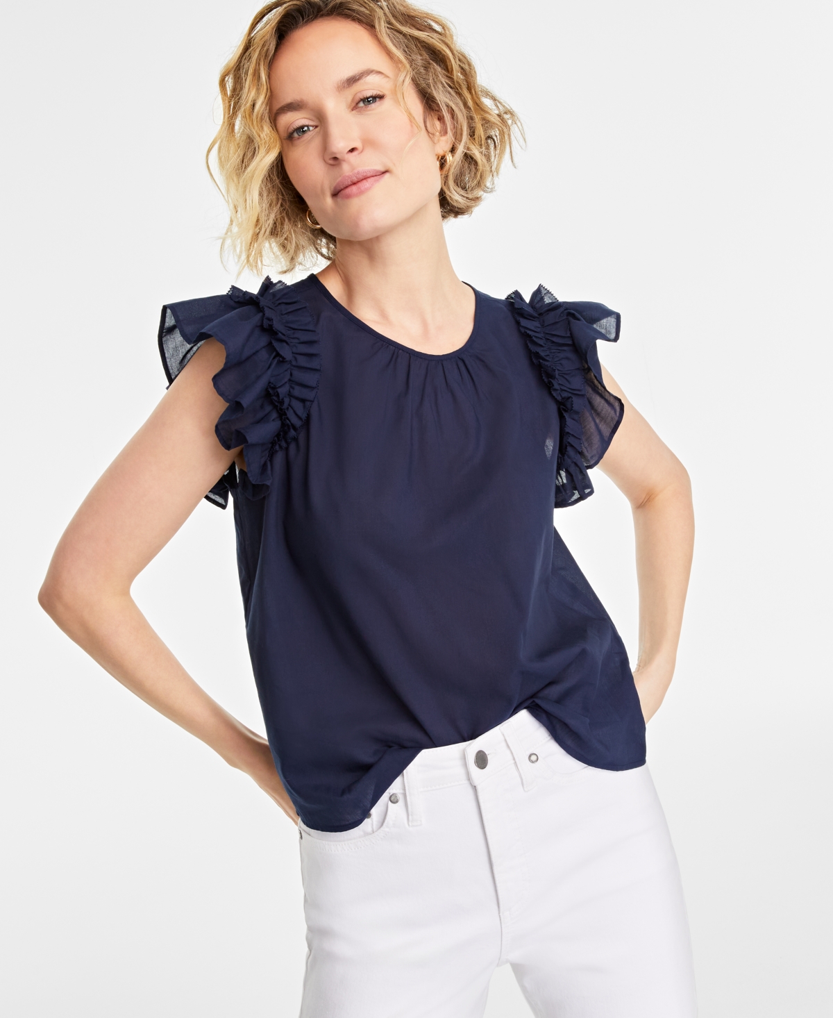 On 34th Women's Ruffle Short-sleeve Voile Top, Created For Macy's In Intrepid Blue