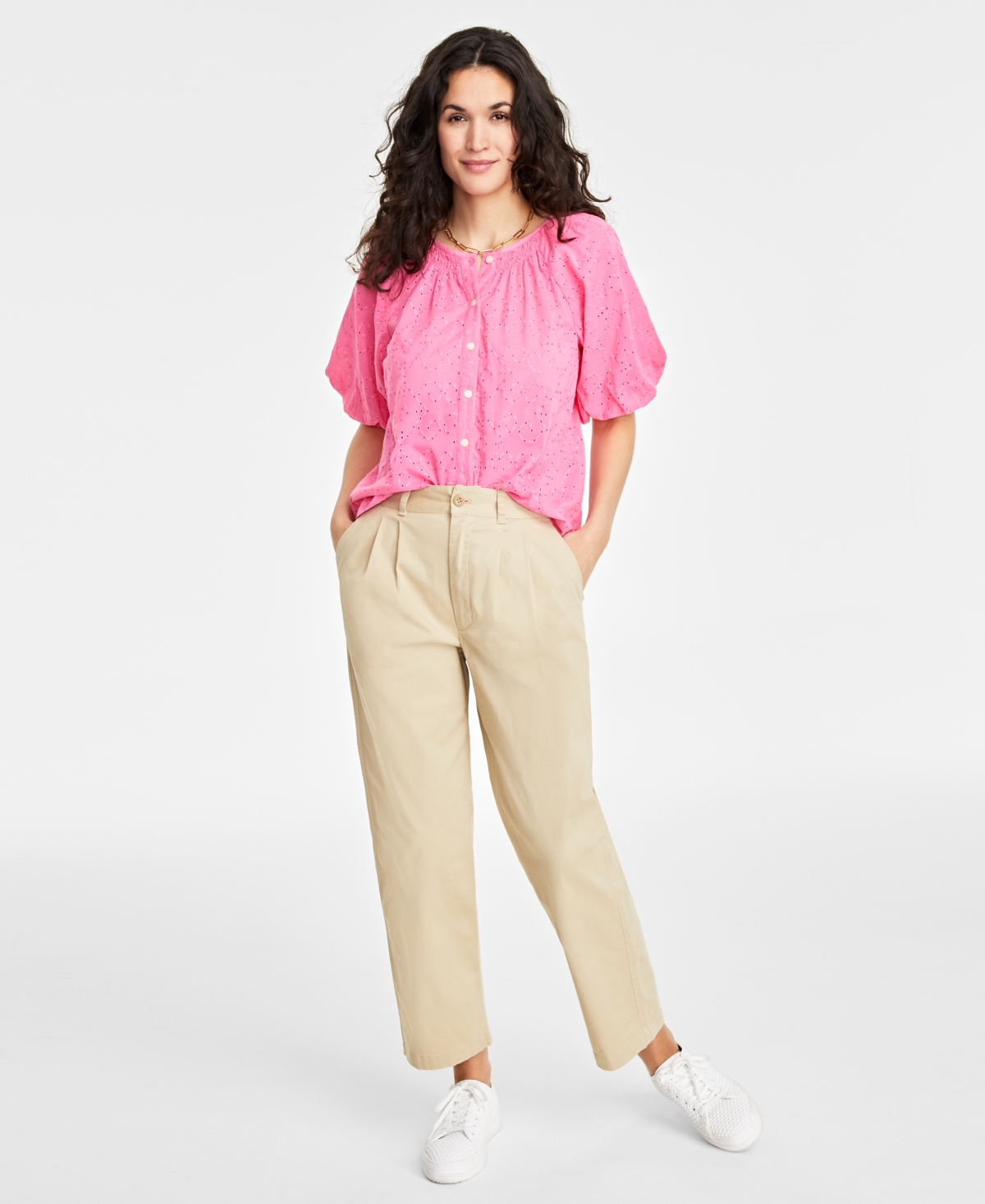 On 34th Women's Eyelet Puff-sleeve Top, Created For Macy's In Azalea Pink