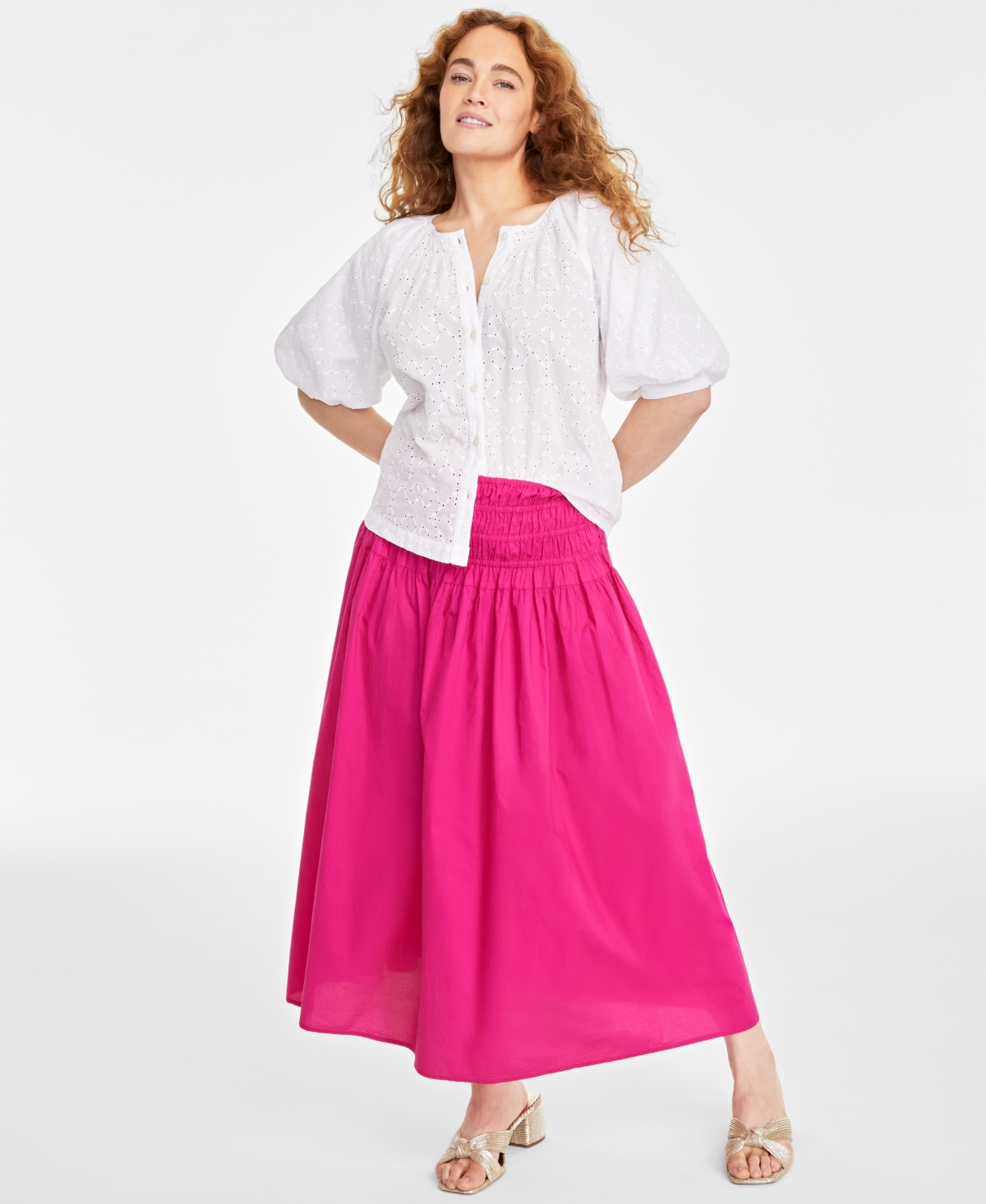 On 34th Women's Eyelet Puff-sleeve Top, Created For Macy's In Bright White