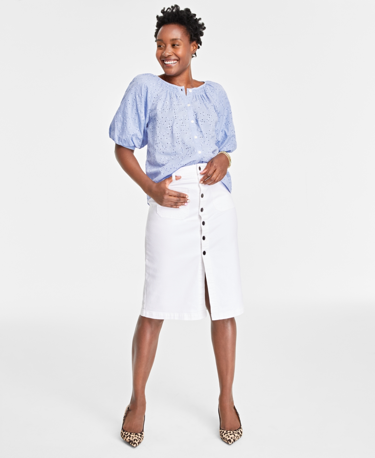 On 34th Women's Eyelet Puff-sleeve Top, Created For Macy's In Purple Sunset