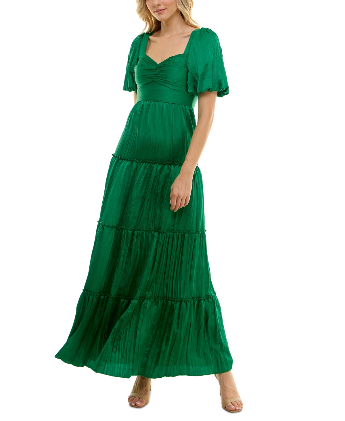 Juniors' Puff-Sleeve Crinkle Satin Dress - Emerald