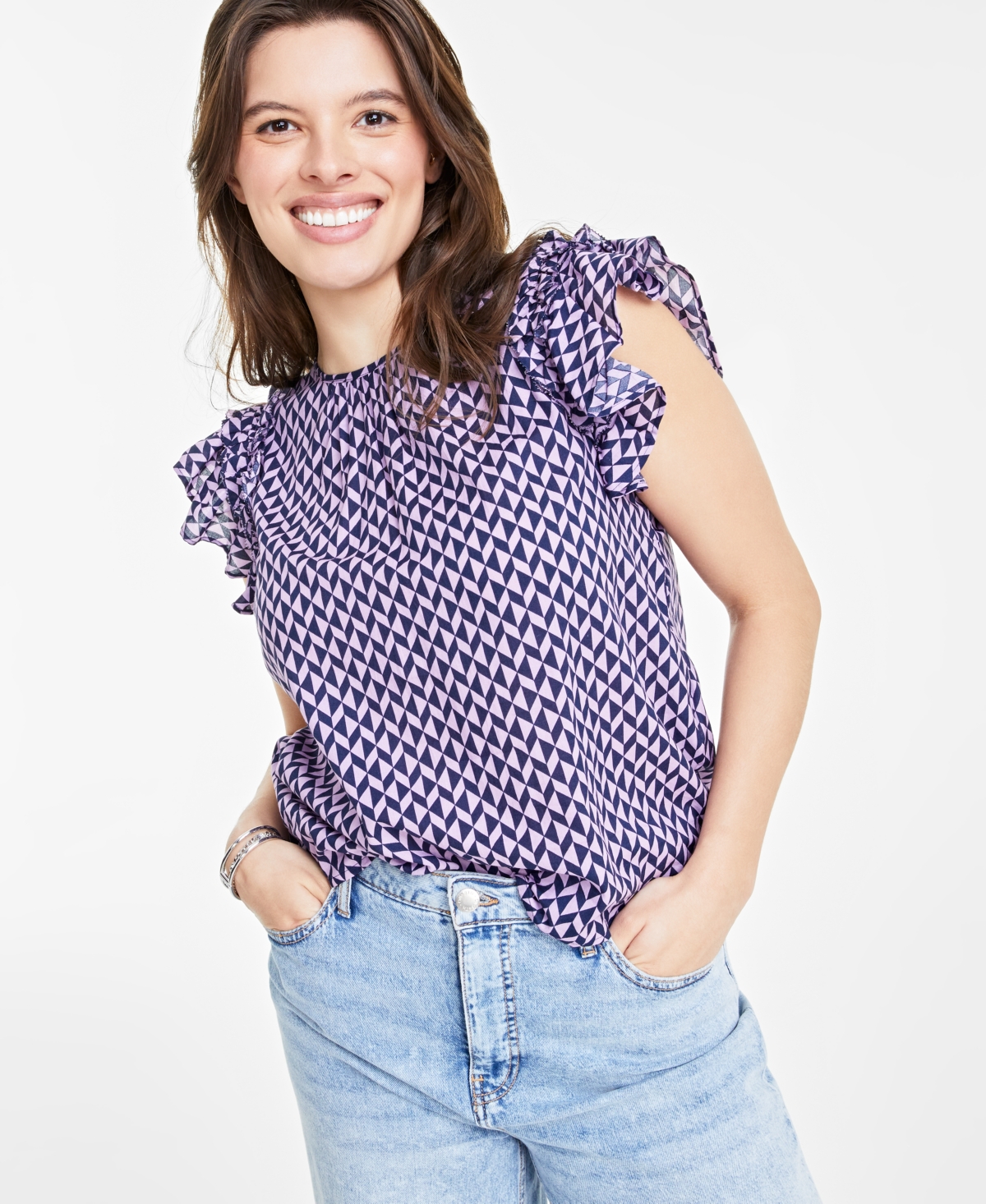 On 34th Women's Ruffle Short-sleeve Voile Top, Created For Macy's In Intrpd Blue Cmb