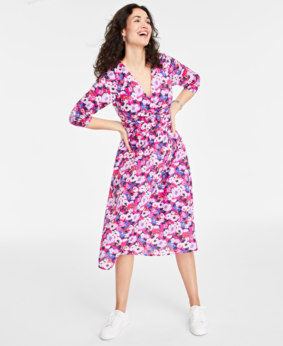 On 34th Women's Cotton Surplice-neck 3/4-sleeve Midi Dress, Created For Macy's In Jazzy Pink Combo