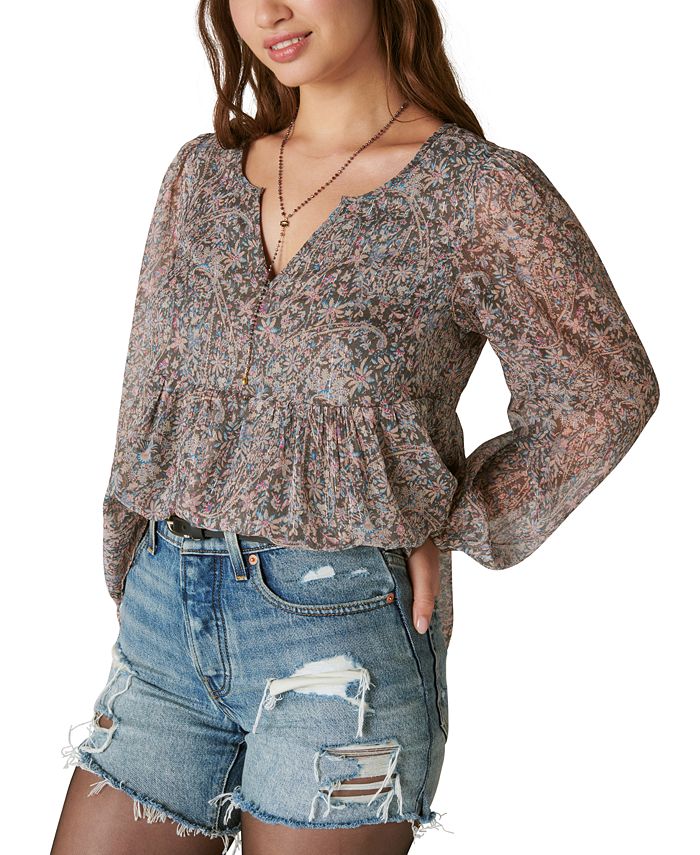 Women's Half Sleeve Split Neck Shimmer Peasant Top main image 1