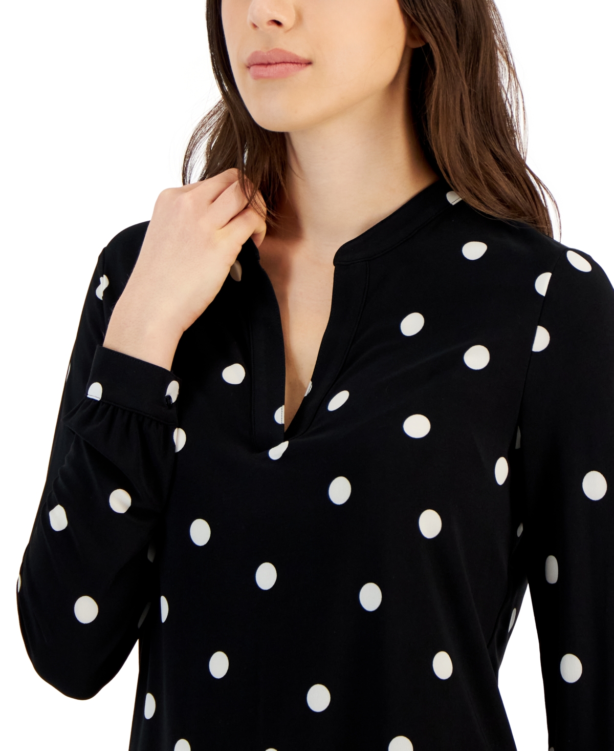 Anne Klein Women's Split-Neck Pearl-Dot Top -Anne White