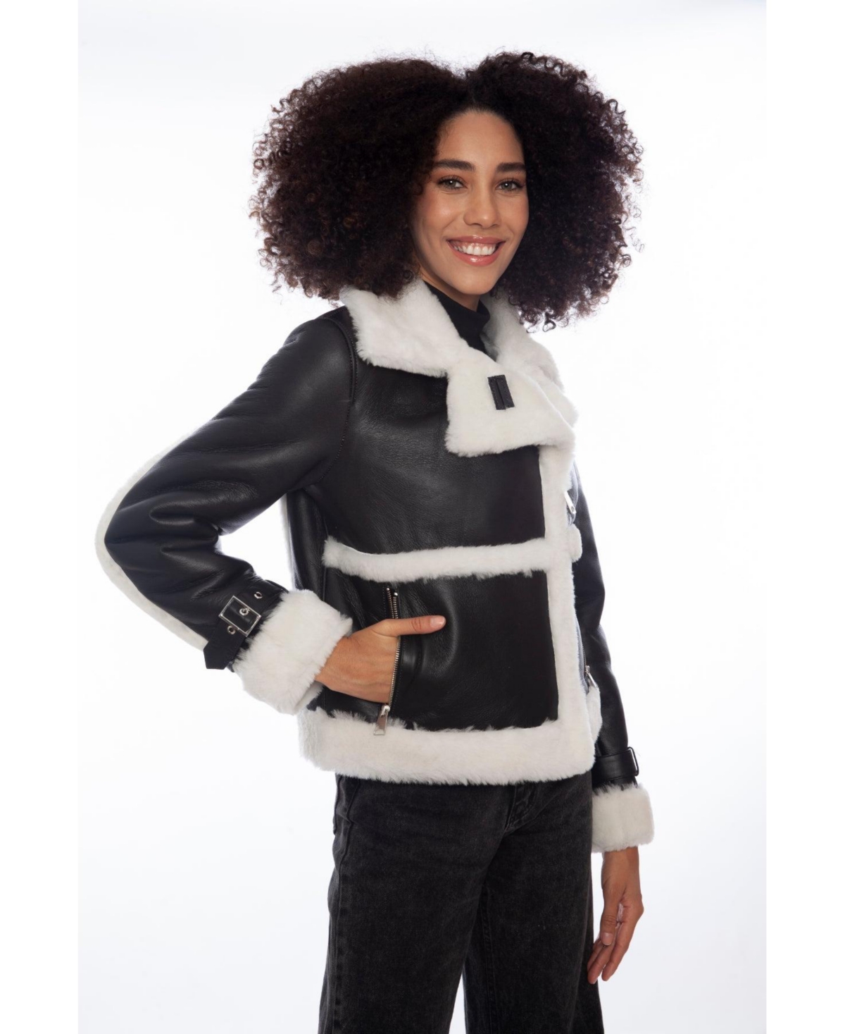 Furniq Uk Women's Shearling Half Zipper Jacket, Silkywith White Wool - Black