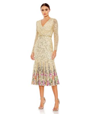 Mac Duggal Women's Long Sleeve Faux Wrap Embellished Tea Length Dress ...