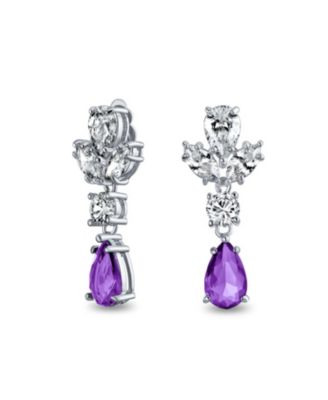 Vintage Art Deco Style Cubic Zirconia CZ Statement Dangle Formal Leaf Teardrop Chandelier Clip On Earrings Silver Plated