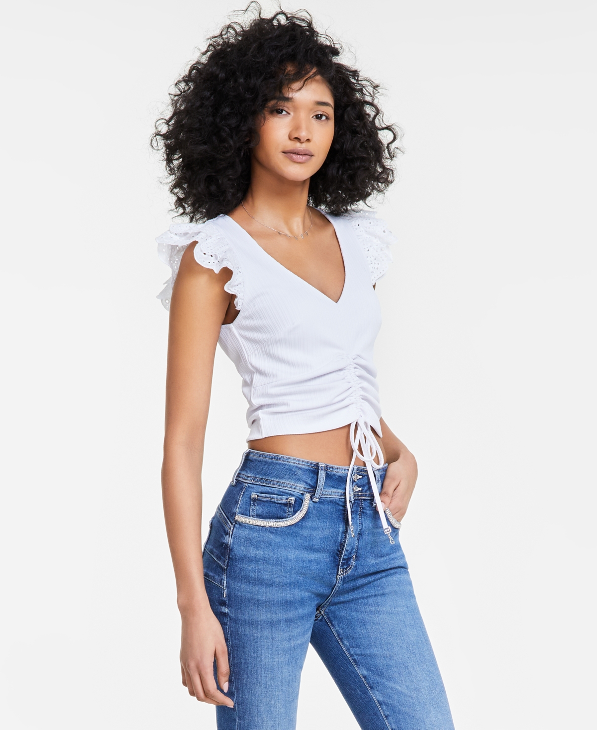 Guess Women's Ruched Ruffle Cap-Sleeve Top