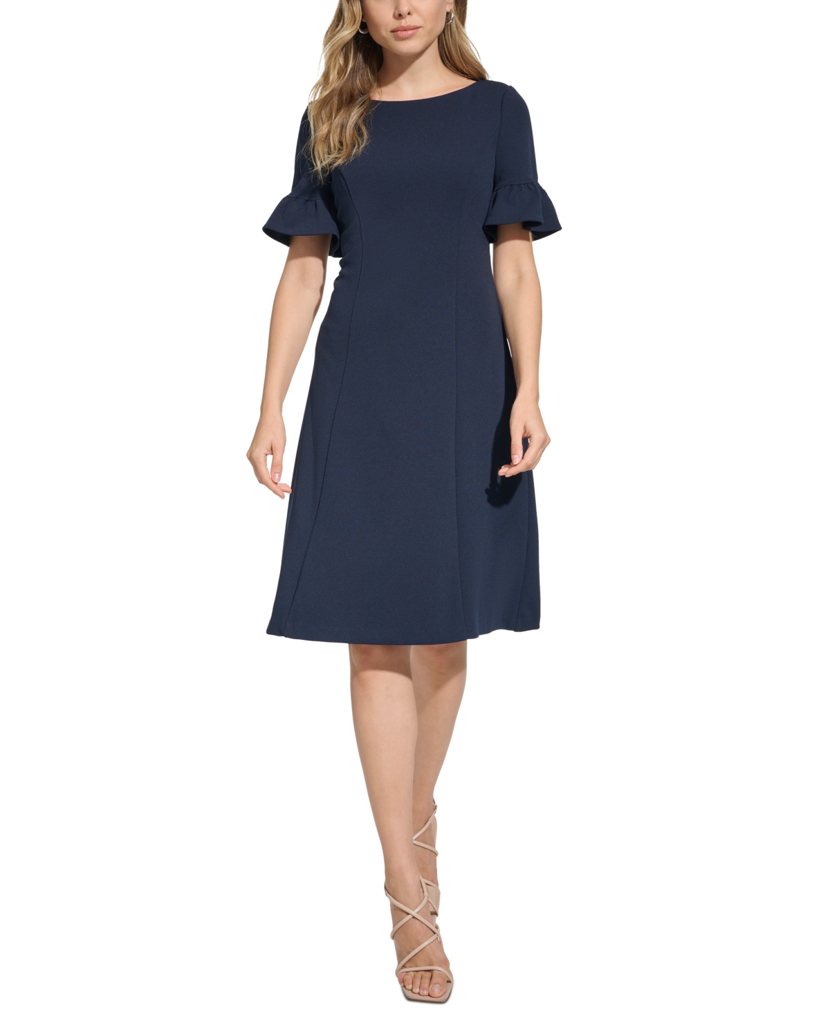 Women's Solid Flutter-Sleeve Fit & Flare Dress - Navy