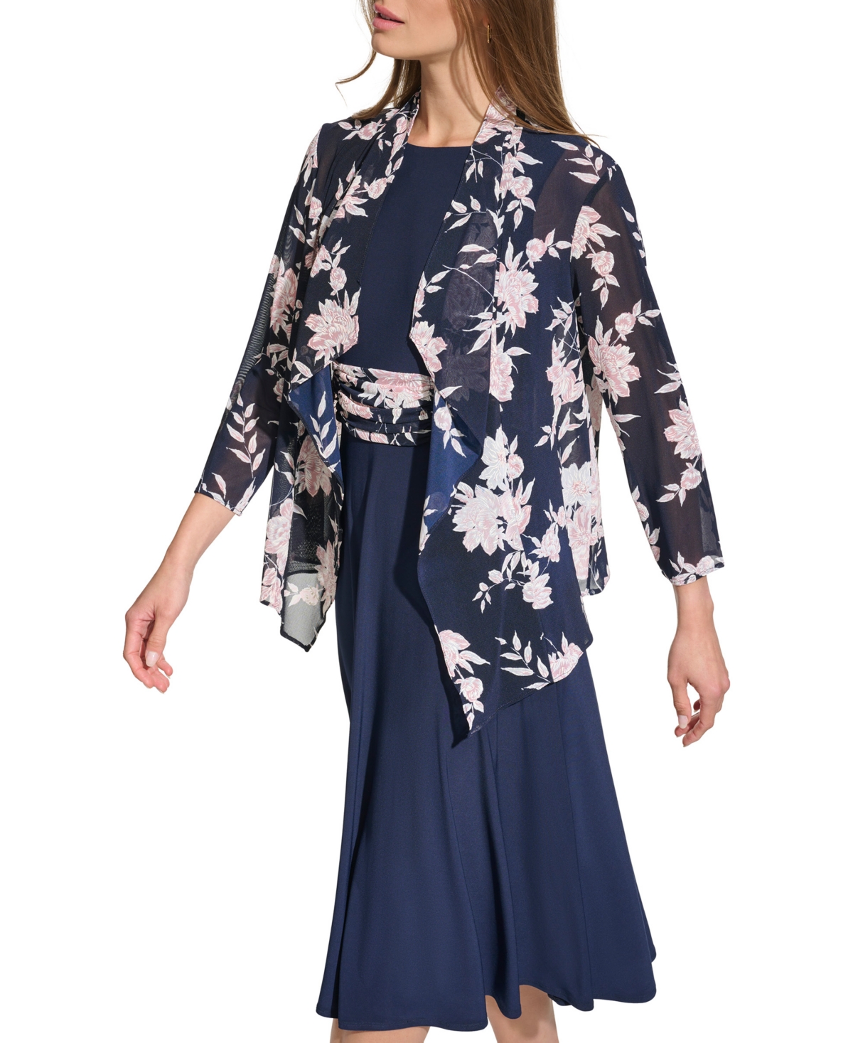 Shop Jessica Howard Women's 2-pc. Floral-print Jacket & Dress Set In Navy Pansy