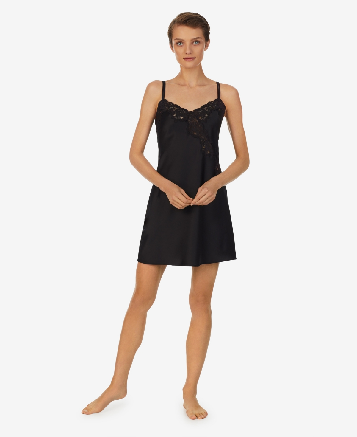 Lauren Ralph Lauren Lace-trim Satin Chemise Nightgown Lingerie In Black
