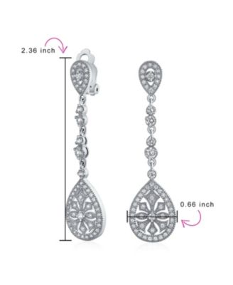 Art Deco Style Filigree Teardrop Cubic Zirconia Chandelier Clip On Earrings