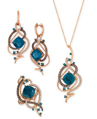 Crazy Collection Deep Sea Blue Topaz Diamond Ring Pendant Necklace Drop Earrings Collection In 14k Rose Gold