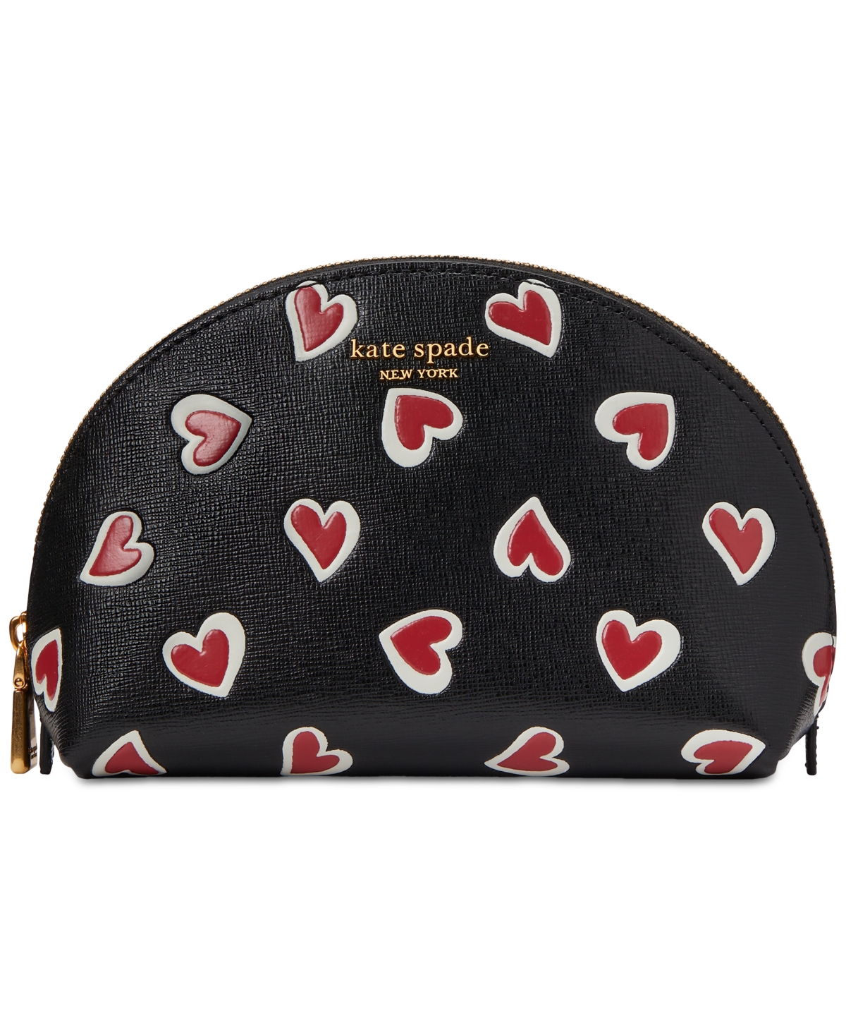Morgan Stencil Hearts Embossed Printed Saffiano Leather Small Dome Cosmetic Bag - Black Multi.
