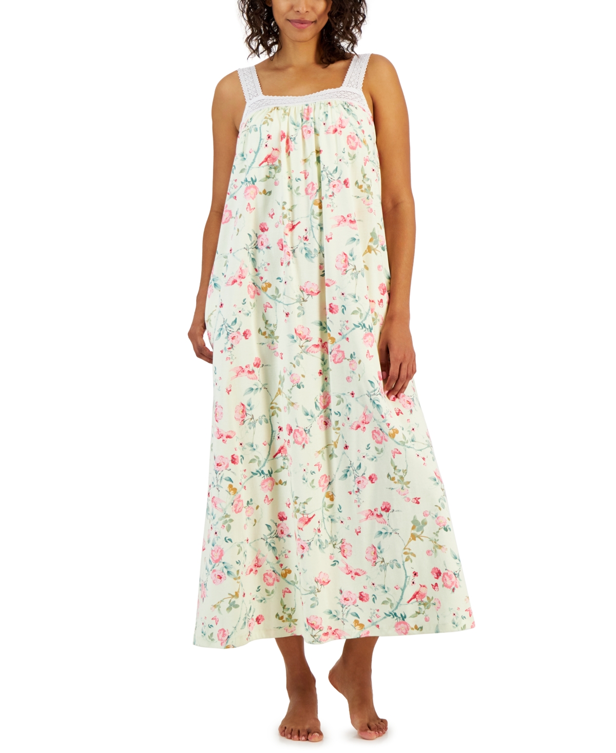 Charter Club Women's Cotton Floral Lace-trim Nightgown, Created For Macy's In Bird Bloom Yellow