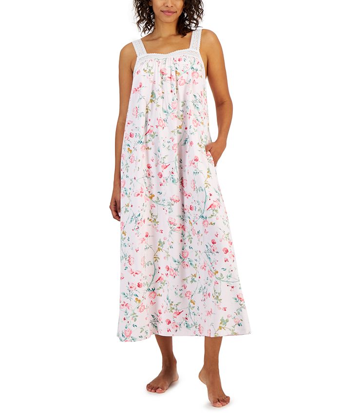 Lace-trimmed Ribbed Nightgown - White/floral - Ladies