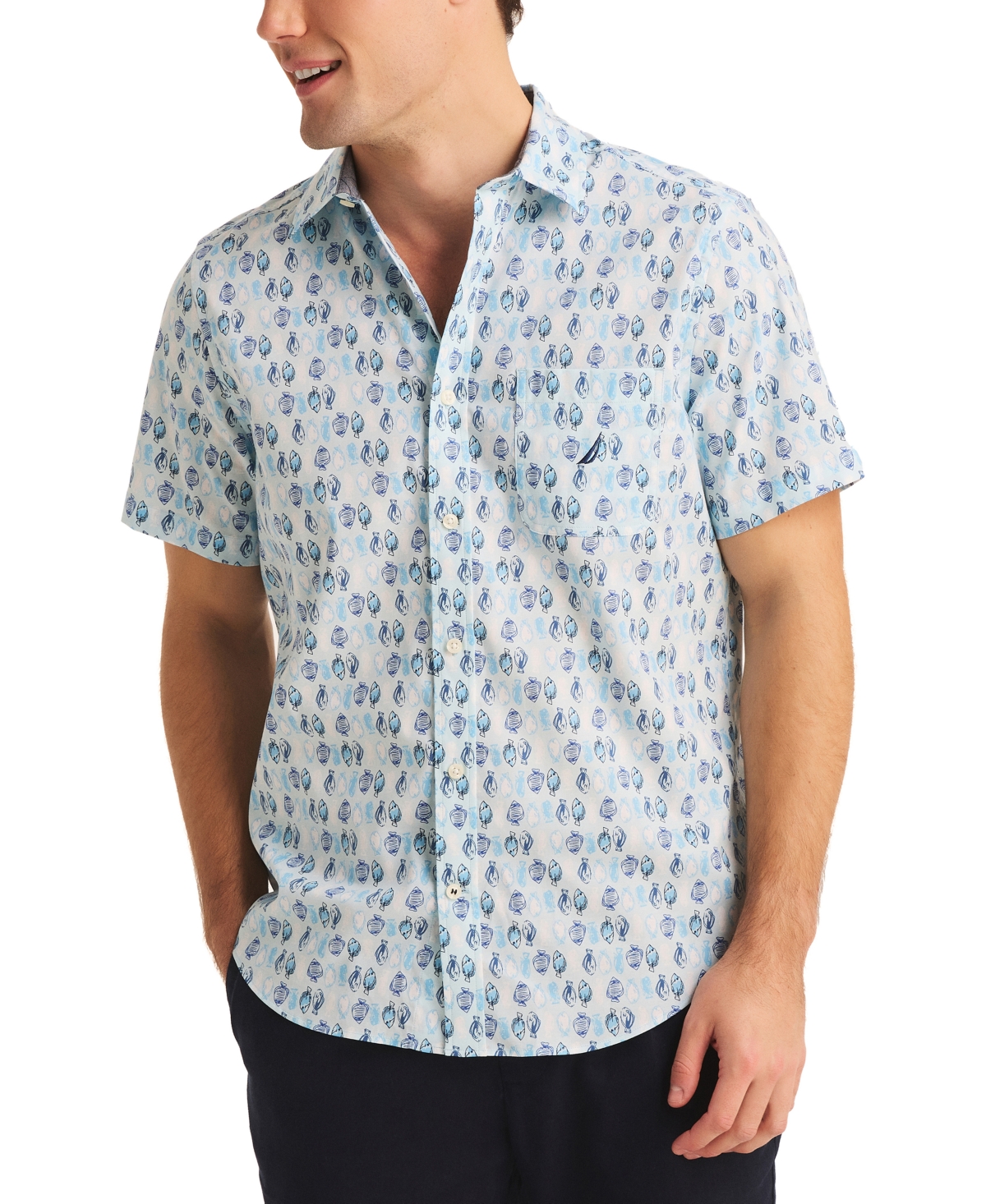 Nautica Men's Classic-fit Fish-print Button-down Shirt In Soft Blue