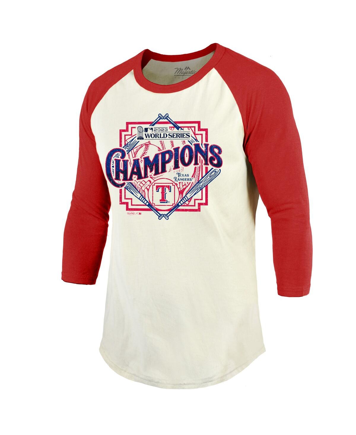 Majestic Men's  Threads Cream, Red Distressed Texas Rangers 2023 World Series Champions Raglan 3/4-sl In Cream,red