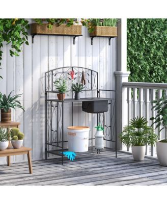 Folding Potting Bench Table, Metal Garden Workstation, Work Bench with Large Built-in Bag with Cover, 5 Hanging Hooks & Storage Shelf, Leaf Pattern