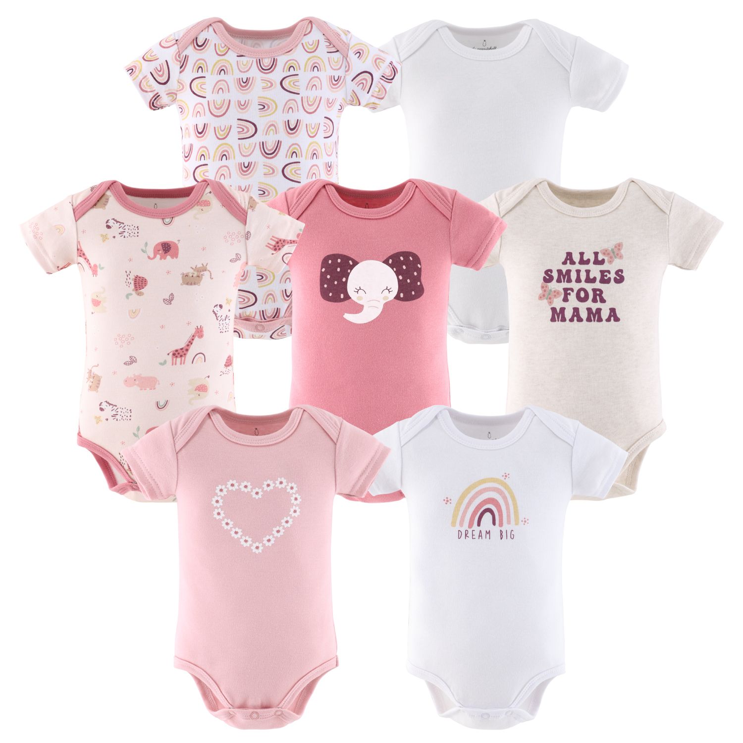 Baby Girls Bodysuits, 7-Pack, Rainbow Safari