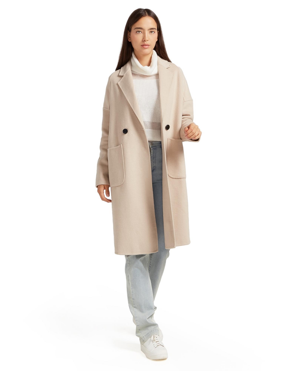 Women Publisher Double-Breasted Wool Blend Coat - Sand