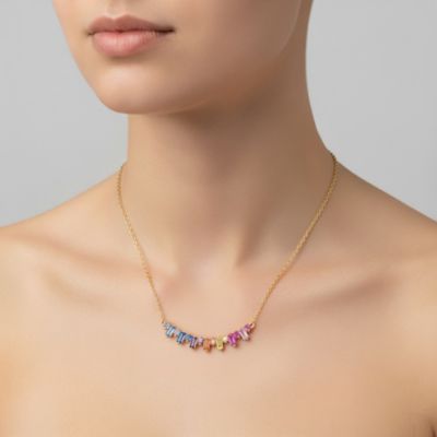 14k Gold Plated with Rainbow Cubic Zirconia Linear Cluster Fringe Pendant Necklace