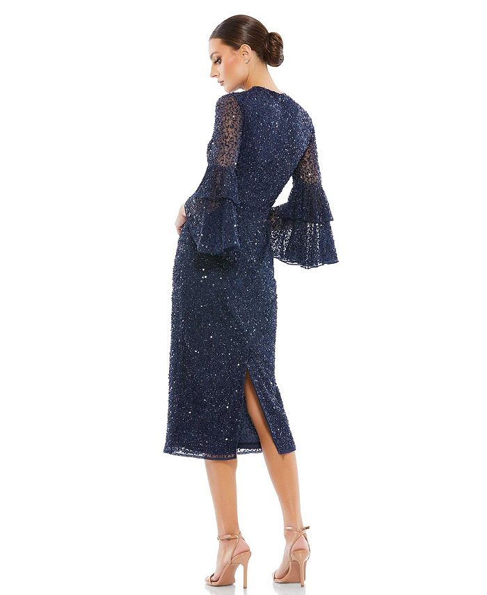 Mac Duggal Women's Fully Sequined Ruffle Tiered 3/4 Sleeve Midi Dress ...