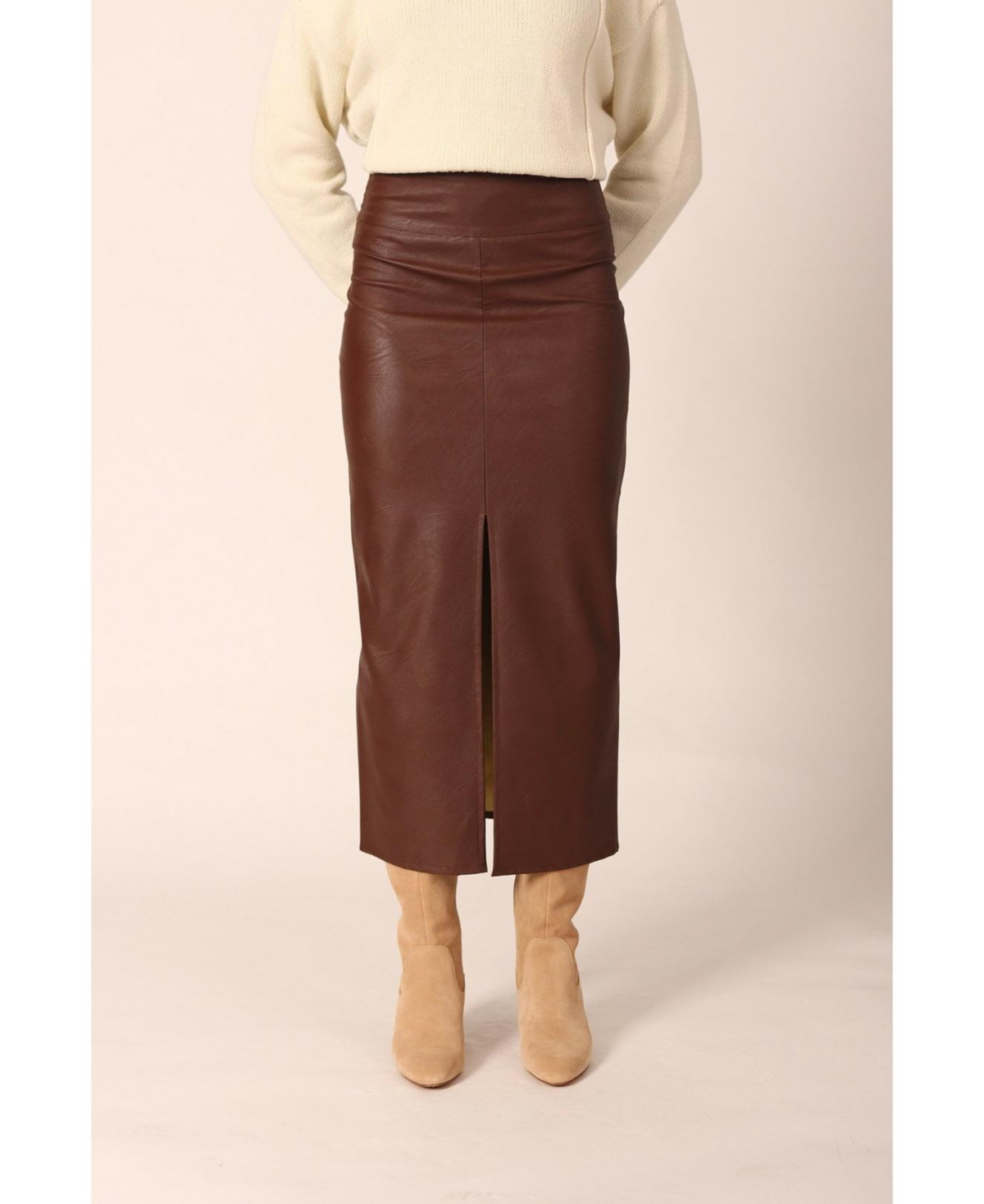 Women's Faux Leather Midi Skirt With Slit - Chocolate