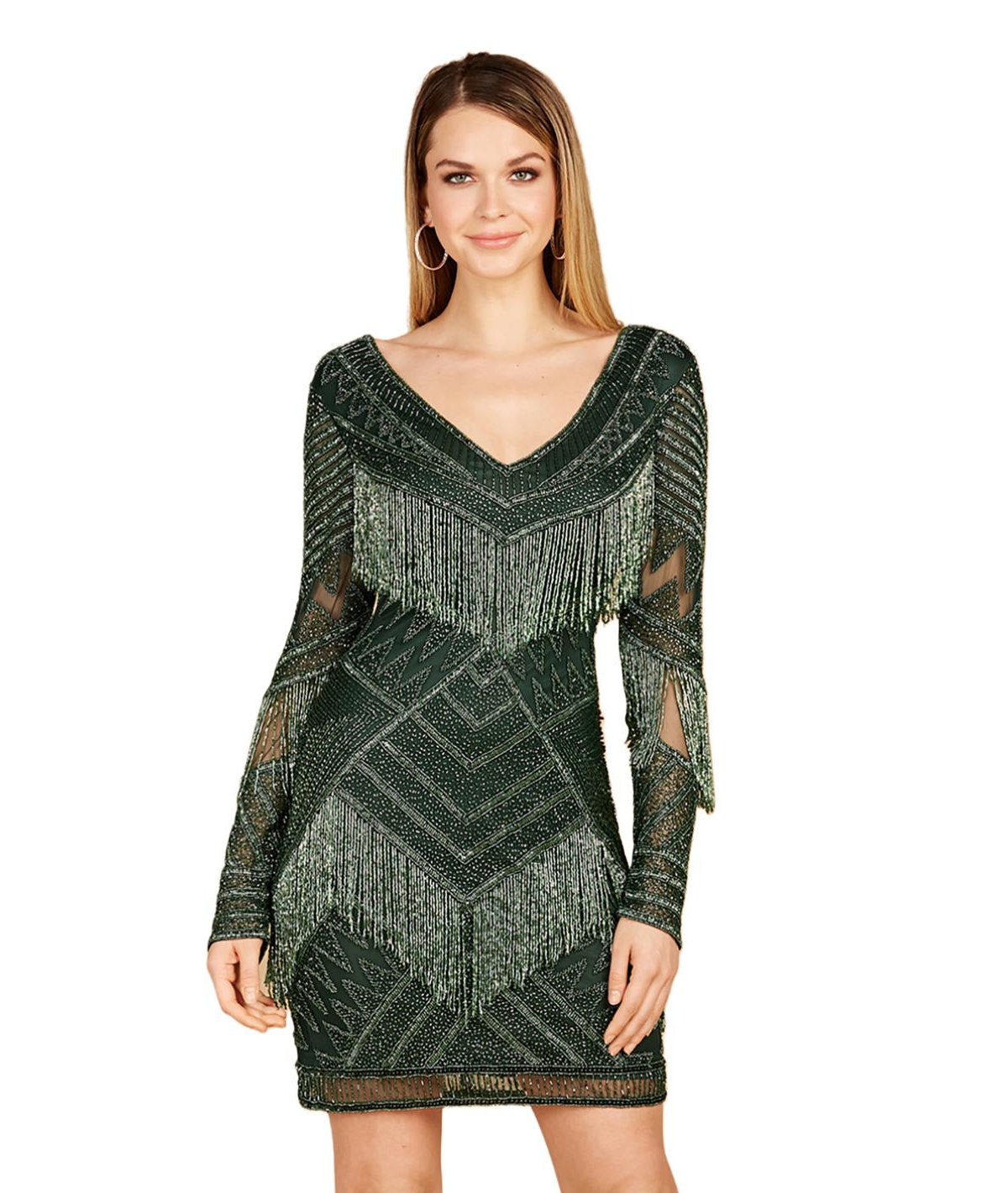 Women's Long Sleeve Beaded V-Neck Fringe Cocktail Mini Dress - Lilac