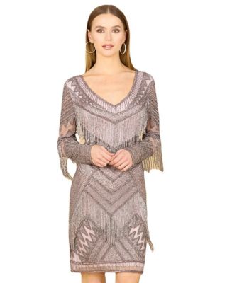 slim fit dress slacks Embellished Gold Fringe Gown