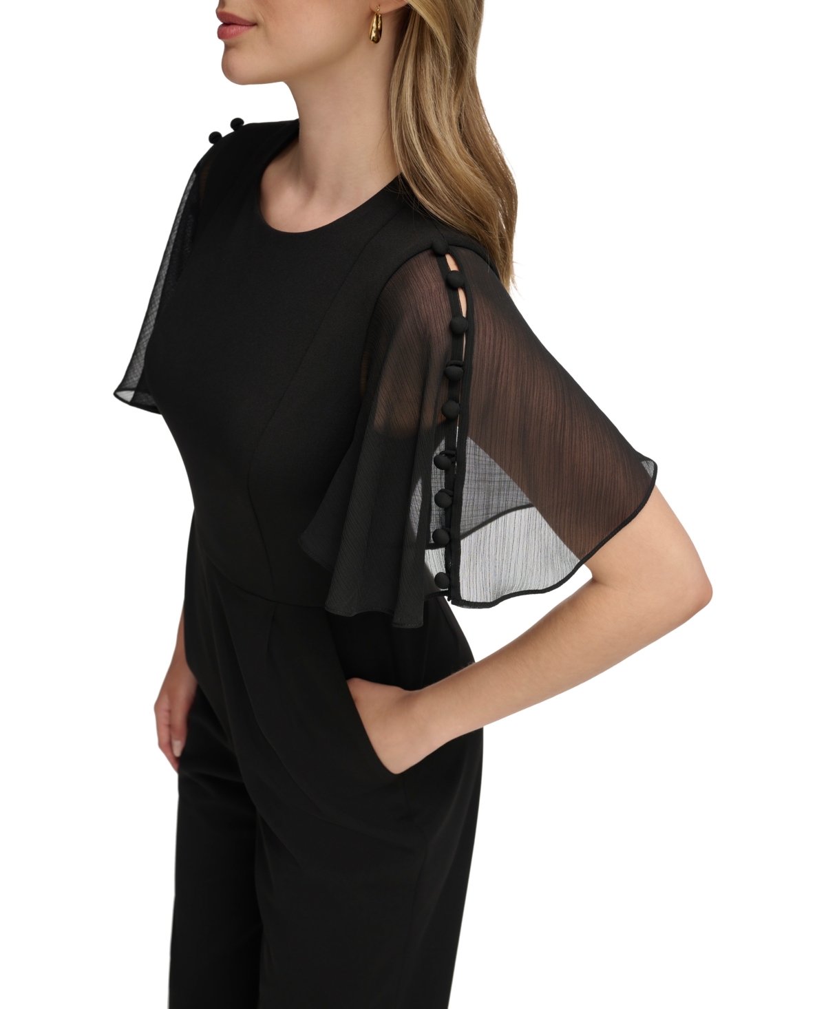 Shop Calvin Klein Women's Flutter-sleeve Button-trim Jumpsuit In Black