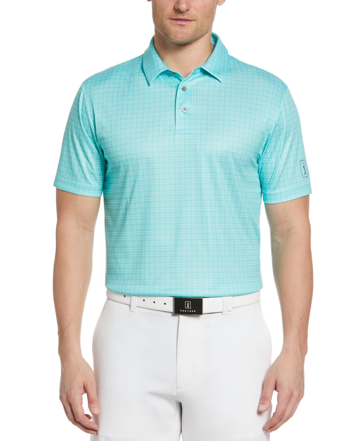 Pga Tour Men's Check Print Short-sleeve Golf Polo Shirt In Cockatoo