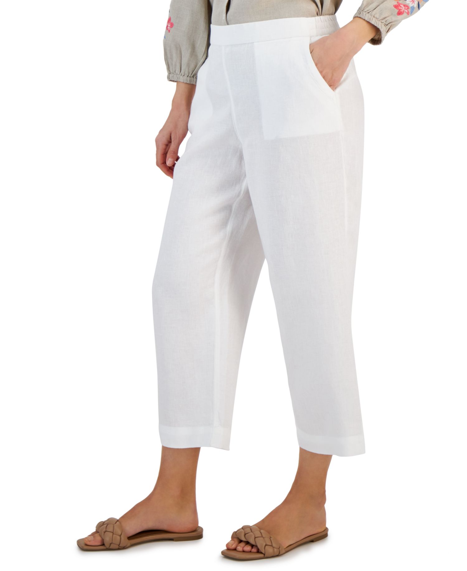 Petite 100% Linen Pull-On Cropped Pants