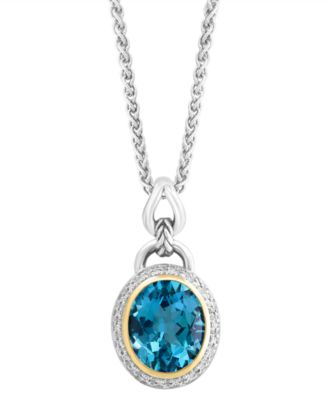 EFFY&reg; Blue Topaz (5-7/8 ct. t.w.) & Diamond (1/10 ct. t.w.) Halo 18" Pendant Necklace in Sterling Silver & 18k Gold-Plate