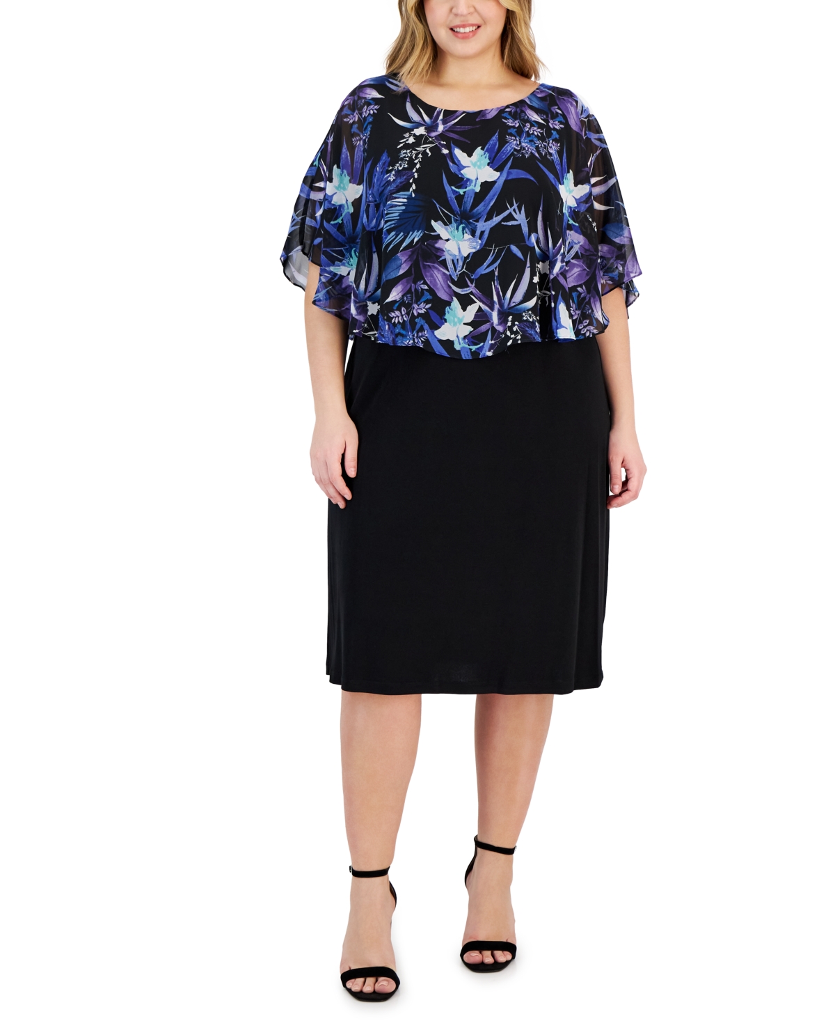 Connected Plus Size Printed Overlay Sheath Dress In Blue