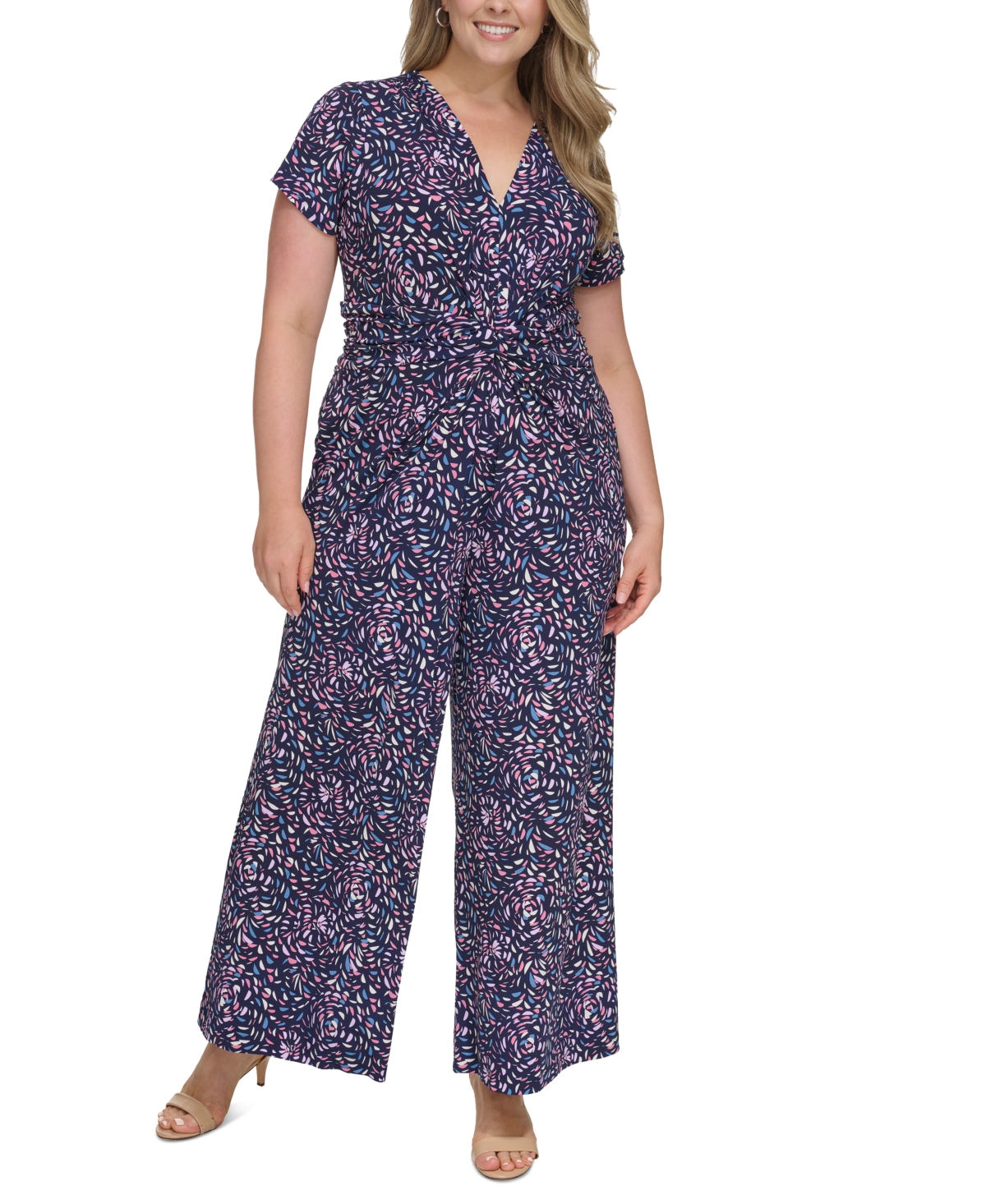 Vince Camuto Plus Size Printed Twist-front Jumpsuit In Navy Multi