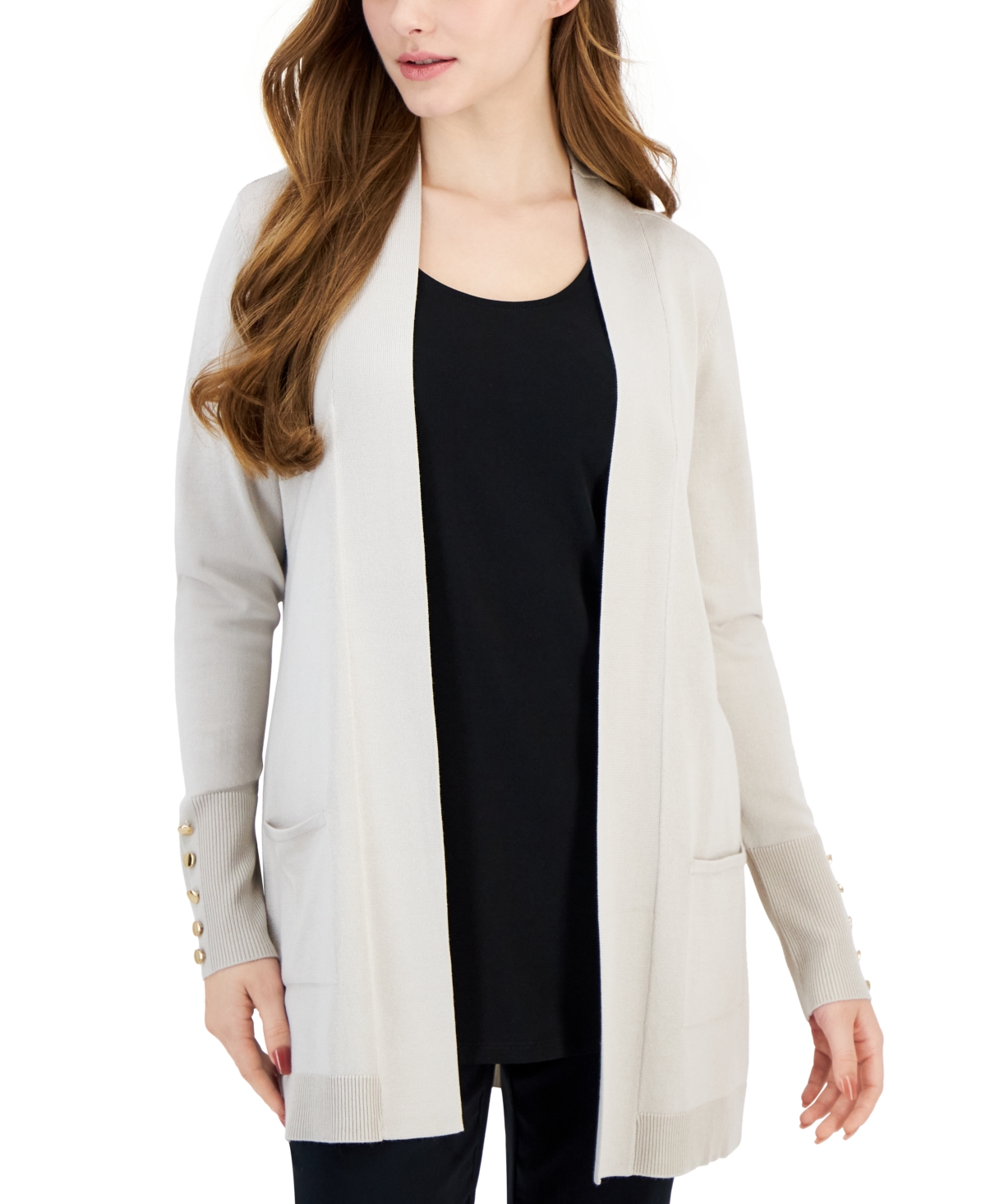 Jm Collection Petite Open-front Button-cuff Cardigan, Created For Macy's In Stone Wall