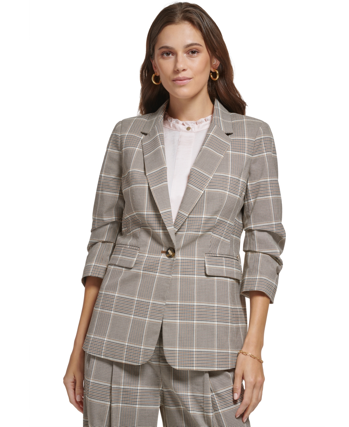 Dkny Petite Plaid Notch-collar Ruched-sleeve Jacket In Roasted Pecan Multi